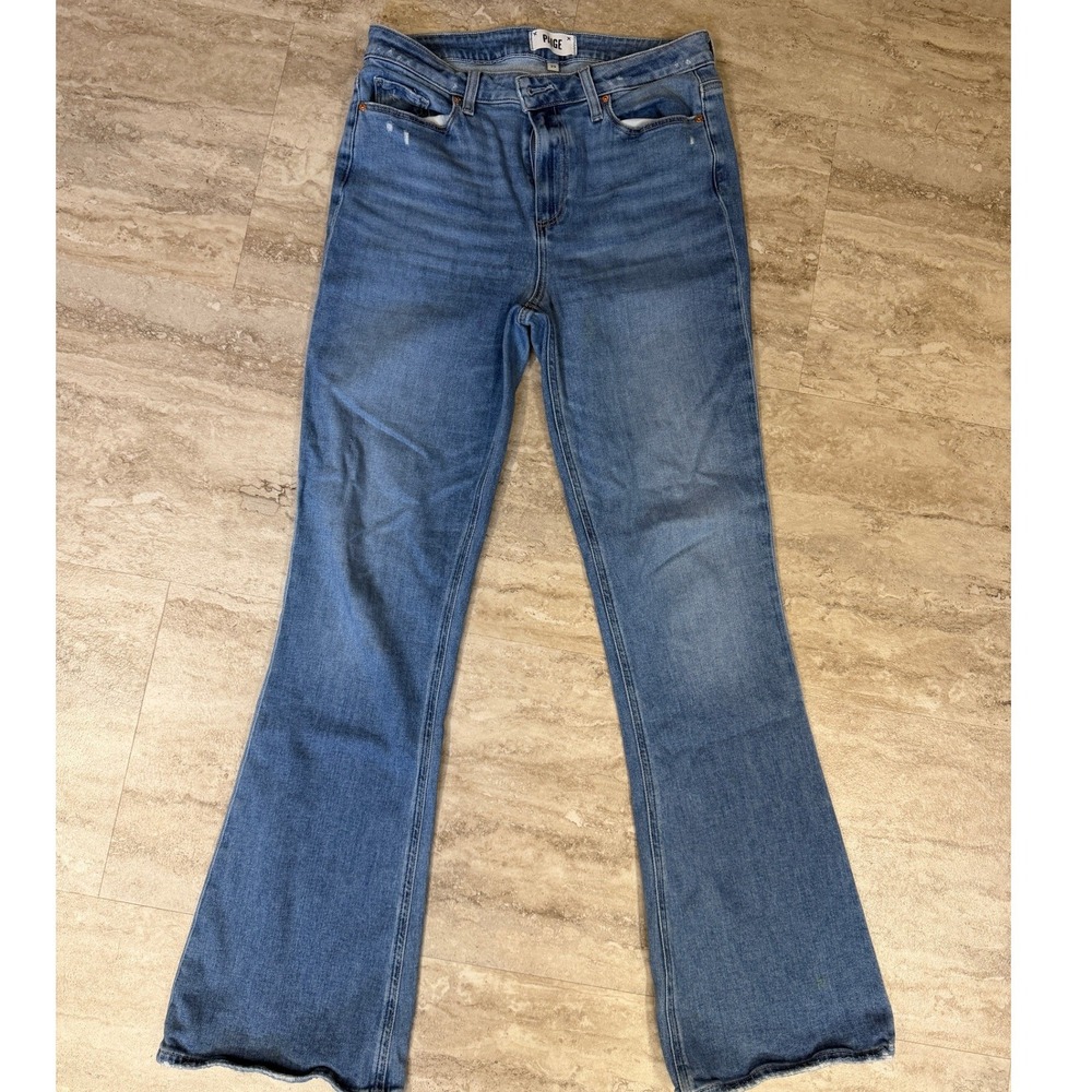 PAIGE High Rise Flare Jeans Medium Wash Blue Distressed Denim Size 29